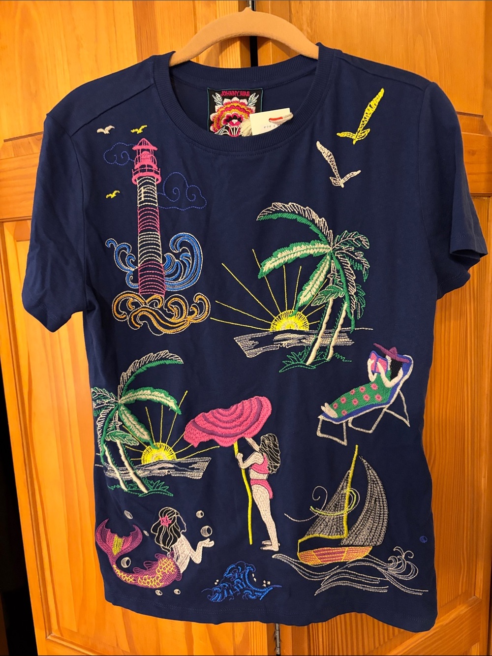 Johnny Was Womens Travel T-Shirt Beach Lighthouse Mermaid NWT Small